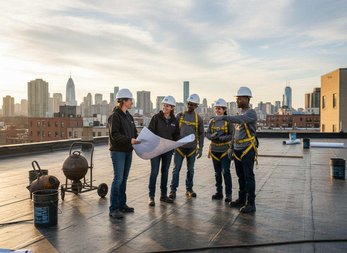 The NJ Commercial Roofing Pros team at work in Jersey City